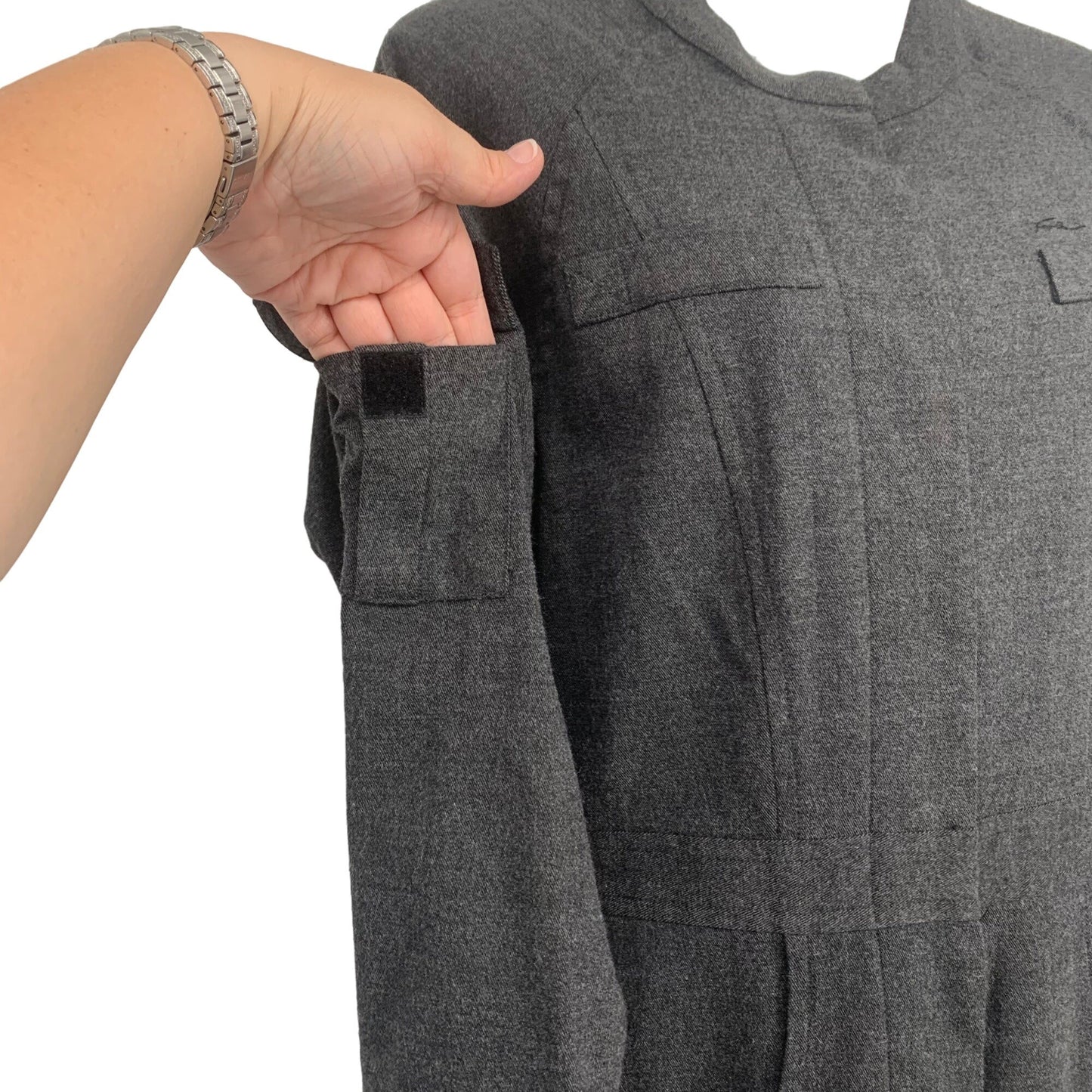 Womens Vtg Utility Jumpsuit Fubu L Gray Pockets Front Zip Side Leg Y2K Stretch