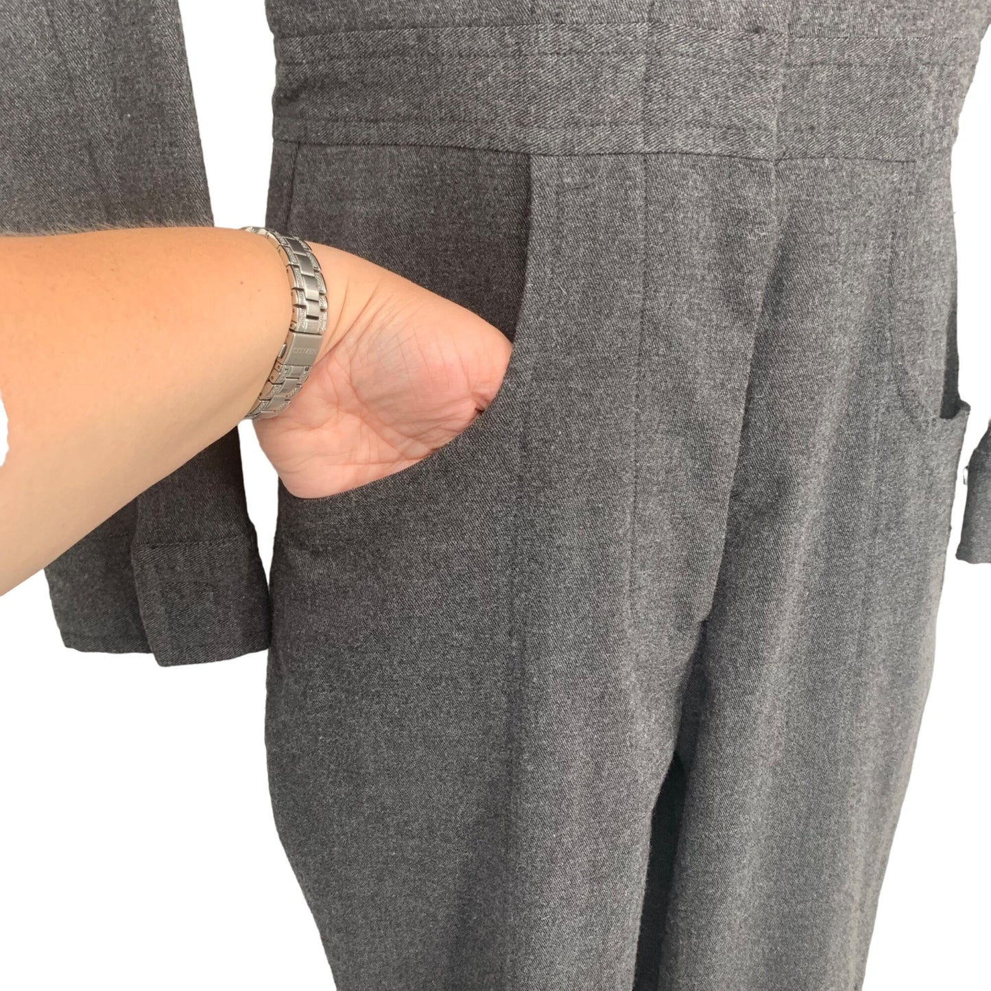 Womens Vtg Utility Jumpsuit Fubu L Gray Pockets Front Zip Side Leg Y2K Stretch