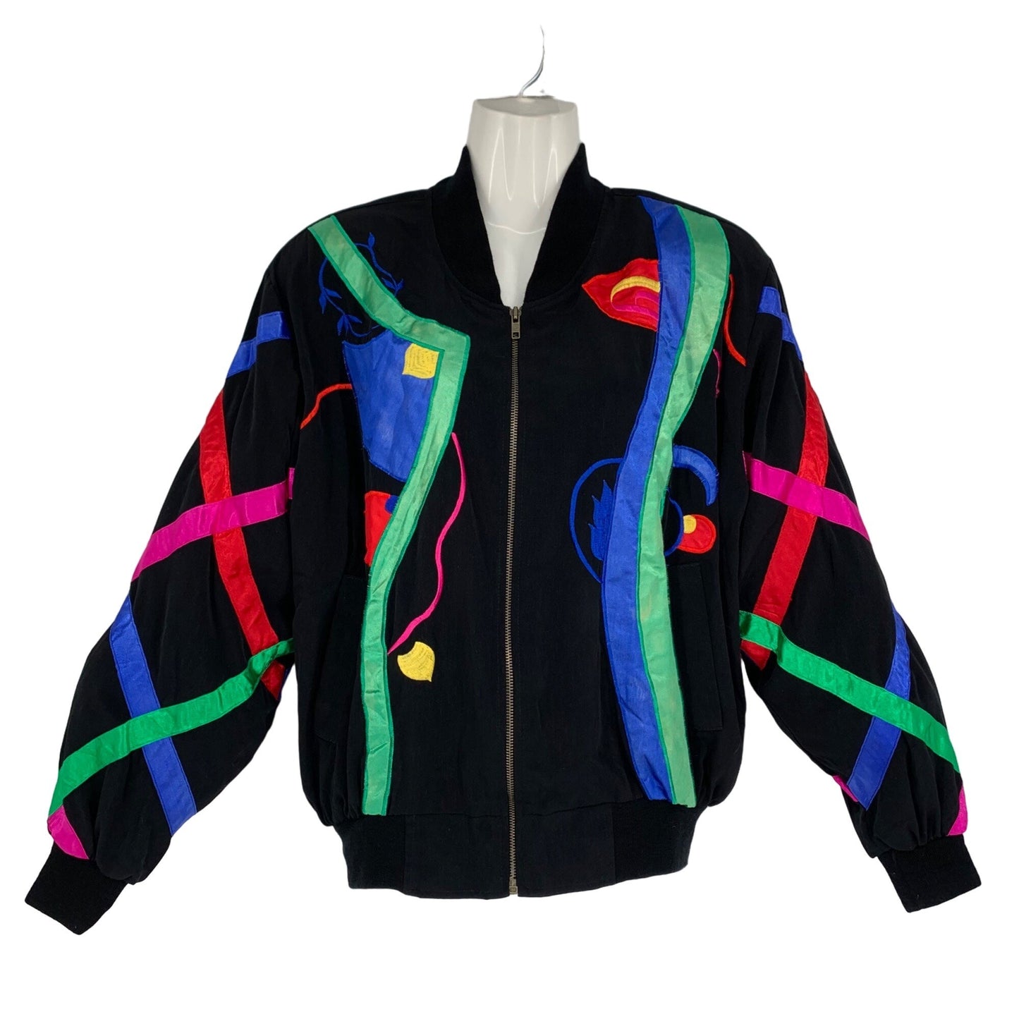 Vtg ADS San Francisco Bomber Jacket Satin Silky Full Zip 80s Picasso Ribbons XL