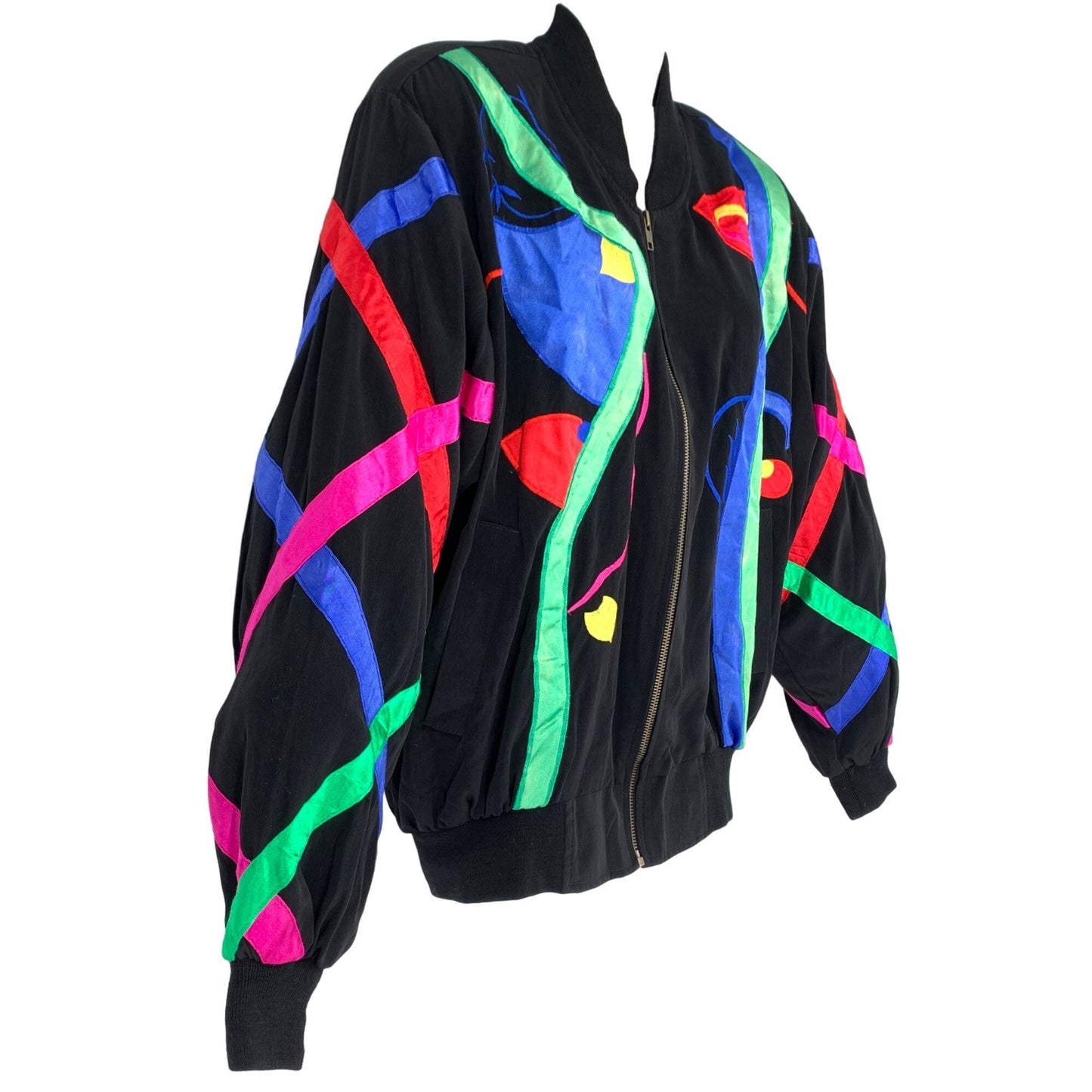 Vtg ADS San Francisco Bomber Jacket Satin Silky Full Zip 80s Picasso Ribbons XL