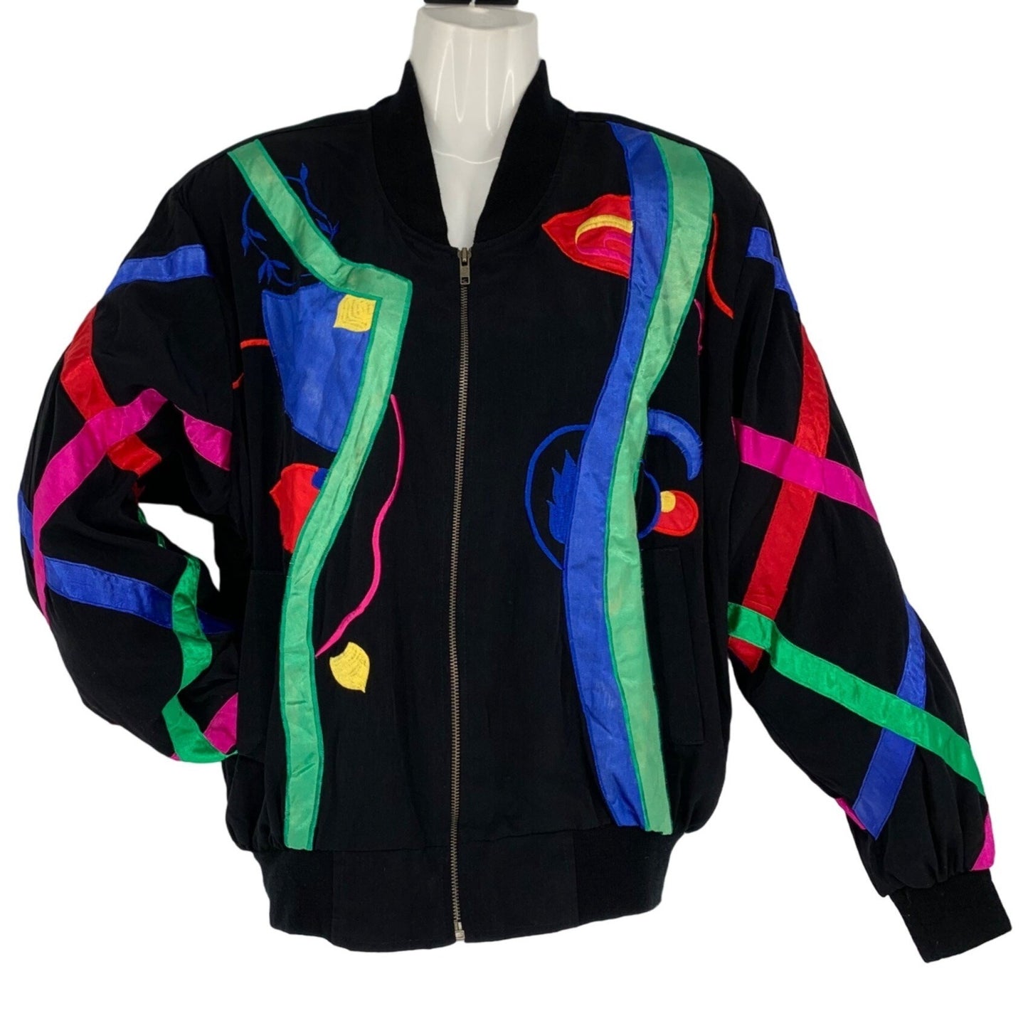 Vtg ADS San Francisco Bomber Jacket Satin Silky Full Zip 80s Picasso Ribbons XL