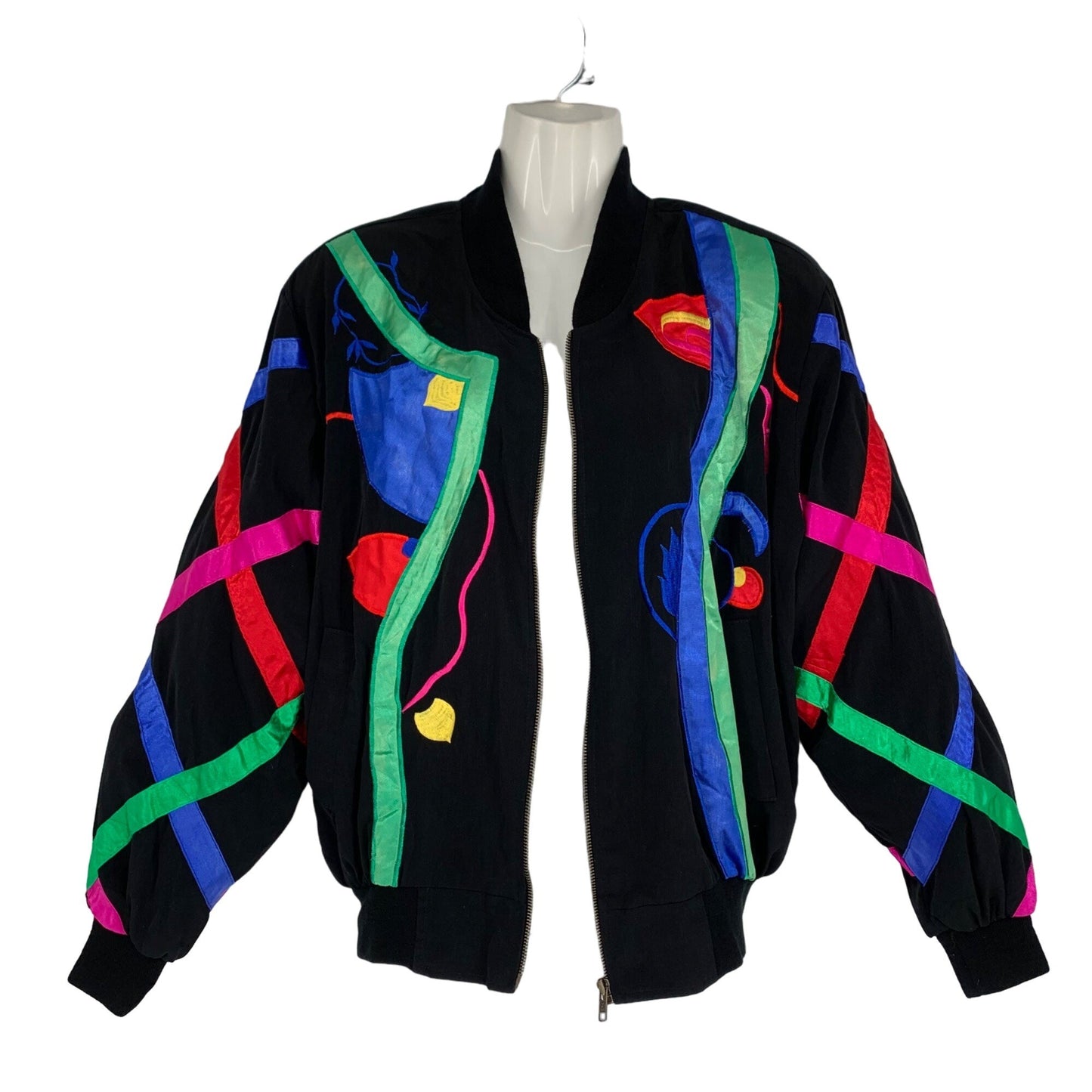 Vtg ADS San Francisco Bomber Jacket Satin Silky Full Zip 80s Picasso Ribbons XL