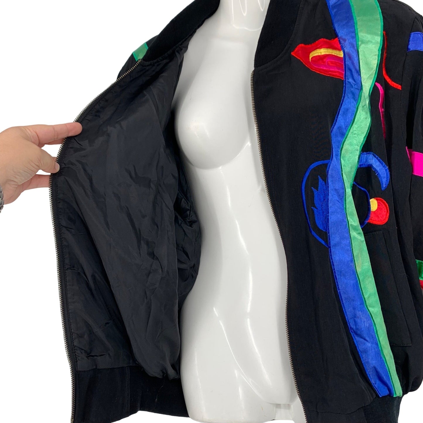 Vtg ADS San Francisco Bomber Jacket Satin Silky Full Zip 80s Picasso Ribbons XL