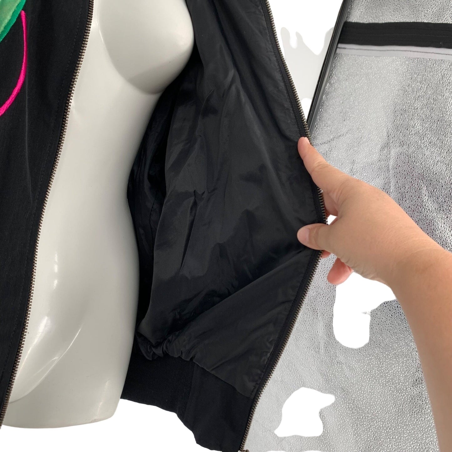 Vtg ADS San Francisco Bomber Jacket Satin Silky Full Zip 80s Picasso Ribbons XL