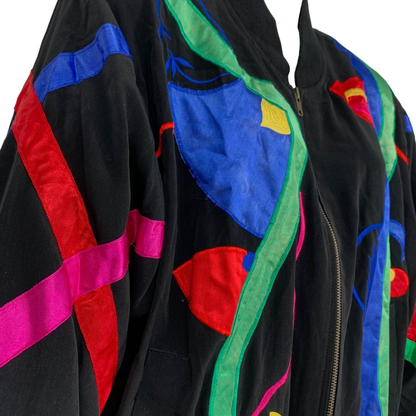 Vtg ADS San Francisco Bomber Jacket Satin Silky Full Zip 80s Picasso Ribbons XL
