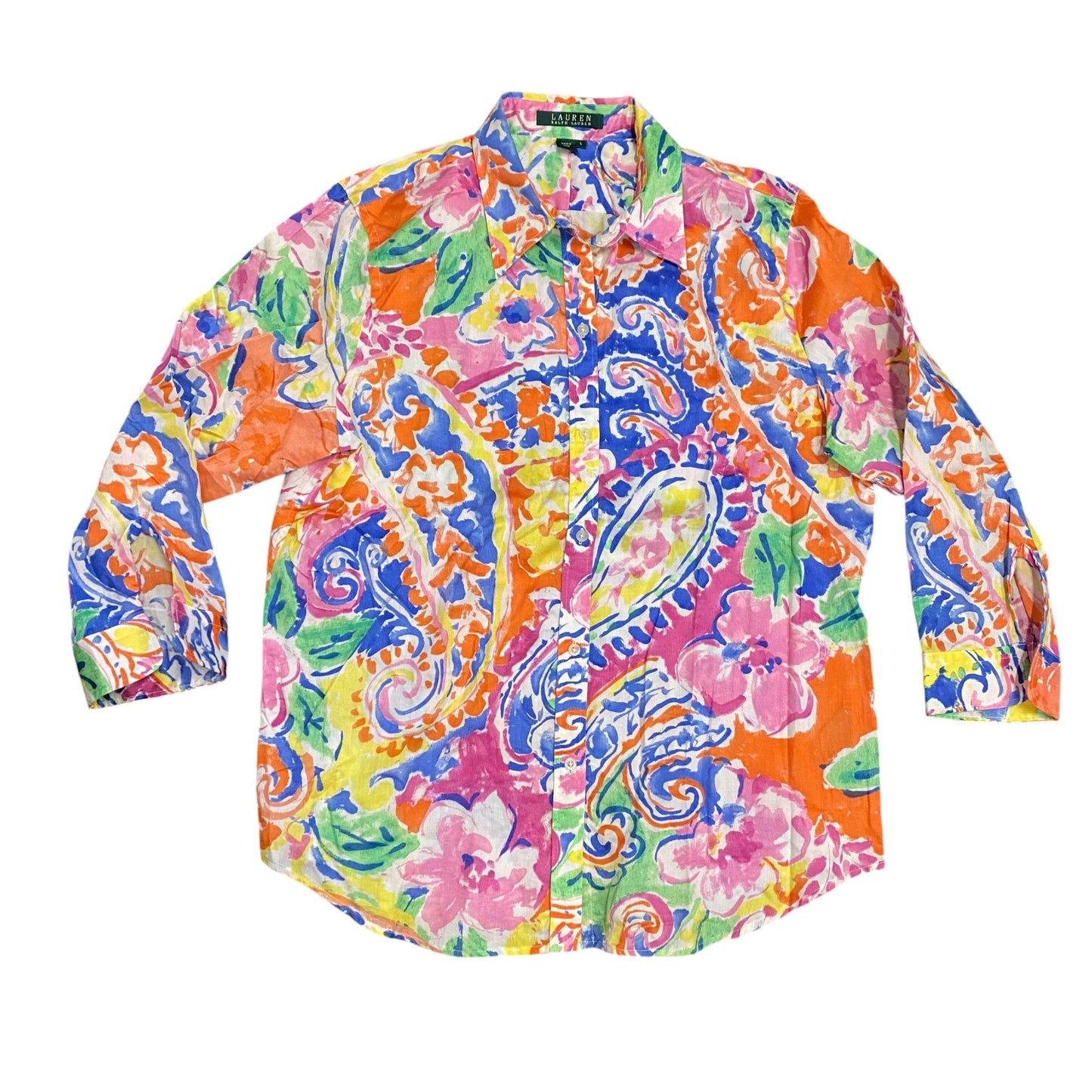 Lauren Ralph Lauren Women L Watercolor Paisley Floral Button Up Shirt 3/4 Sleeve