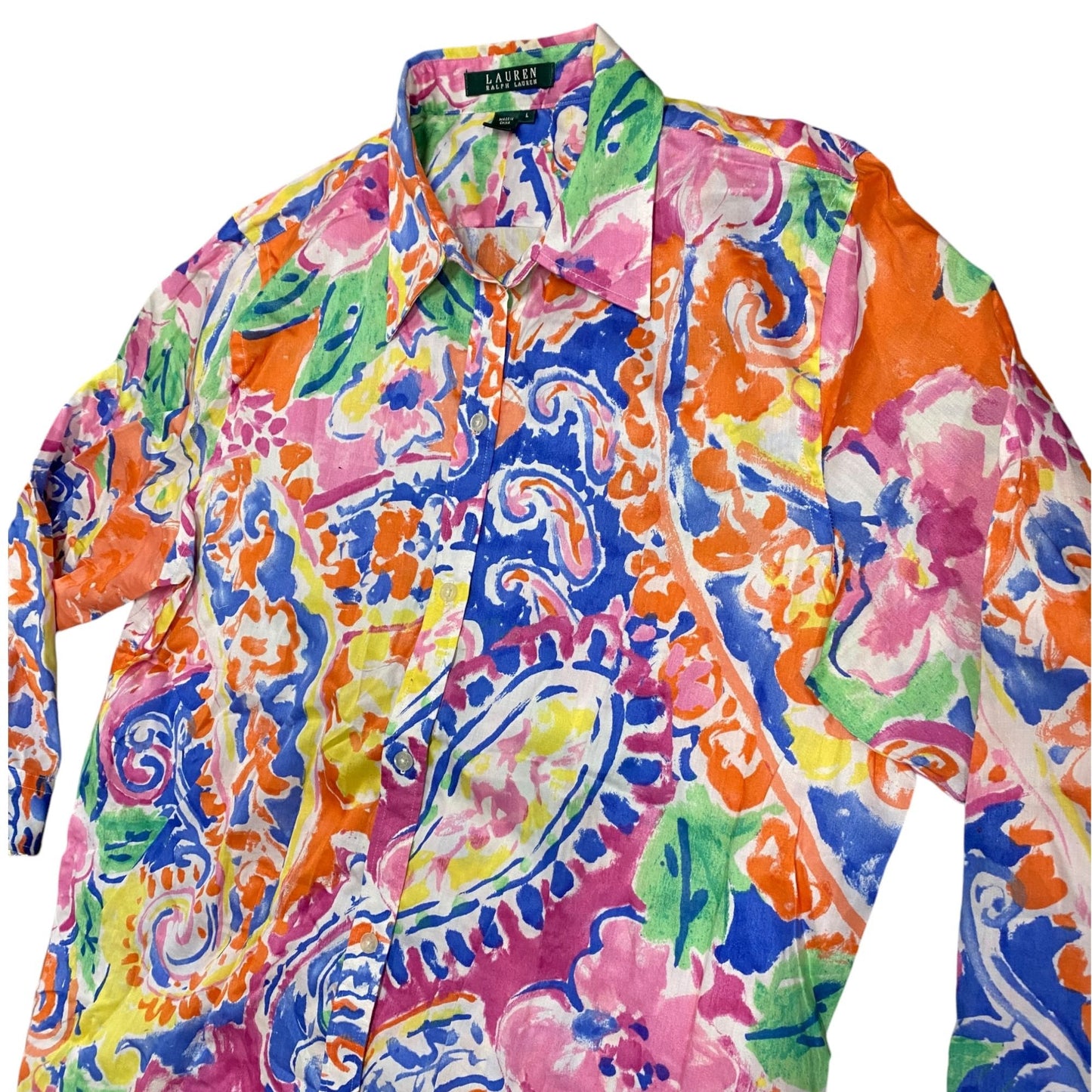 Lauren Ralph Lauren Women L Watercolor Paisley Floral Button Up Shirt 3/4 Sleeve