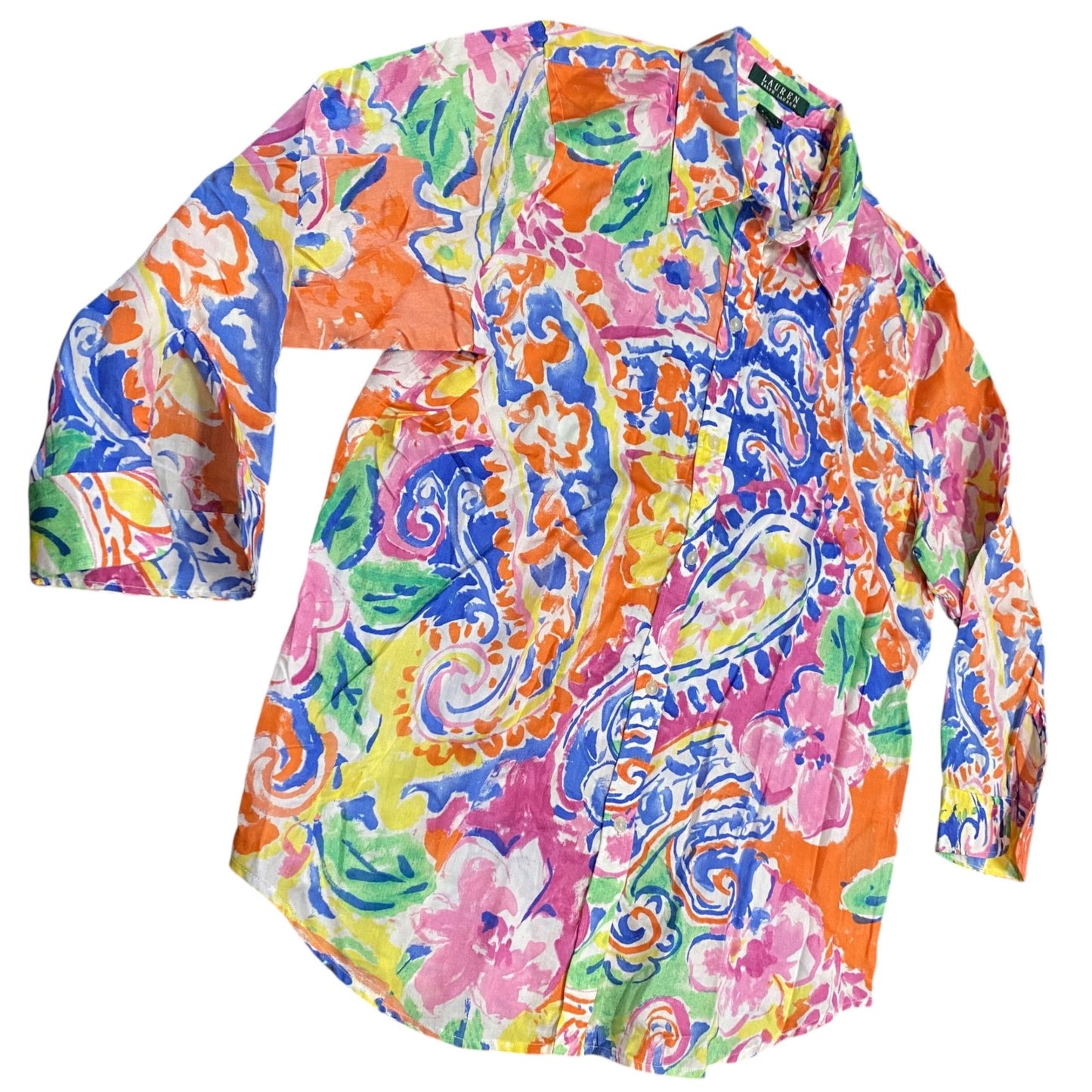 Lauren Ralph Lauren Women L Watercolor Paisley Floral Button Up Shirt 3/4 Sleeve