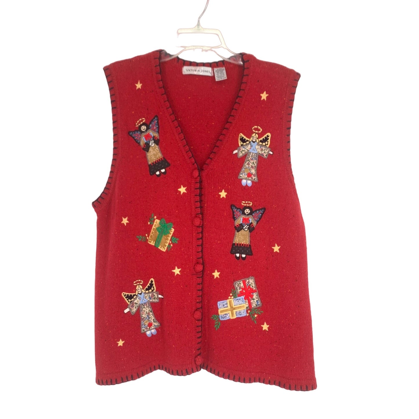 Victoria Jones XL Red Sweater Vest Christmas Presents Angel Applique Embroidered