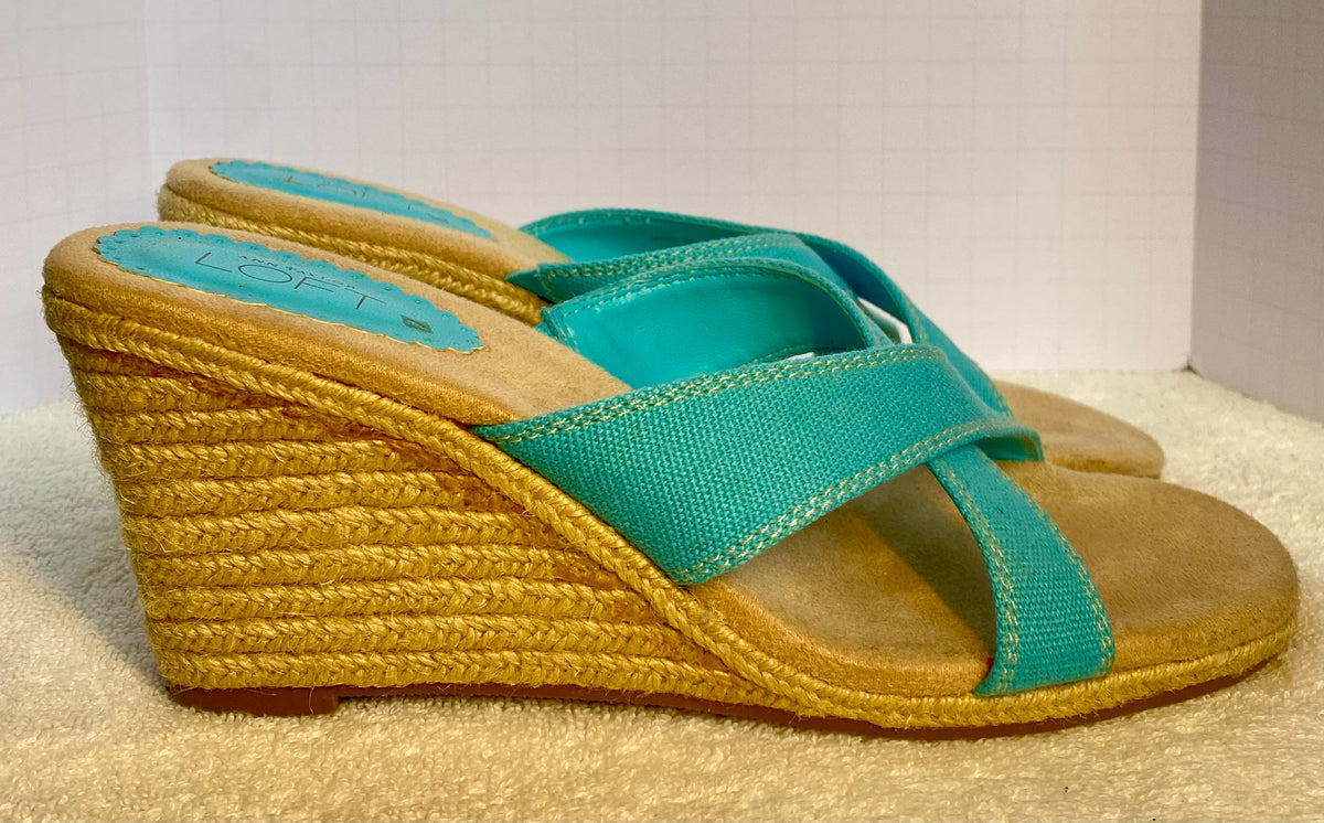 Ann Taylor Loft Size 6 Turquoise Wedge Espadrille Sandal Crisscross Fabric Strap