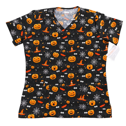 NWT Scrubaid L Black Halloween Pumpkin Scrub Top Tapered Fit Four Way Stretch