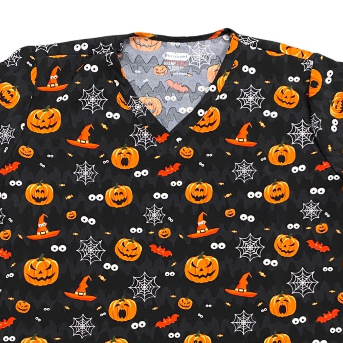 NWT Scrubaid L Black Halloween Pumpkin Scrub Top Tapered Fit Four Way Stretch