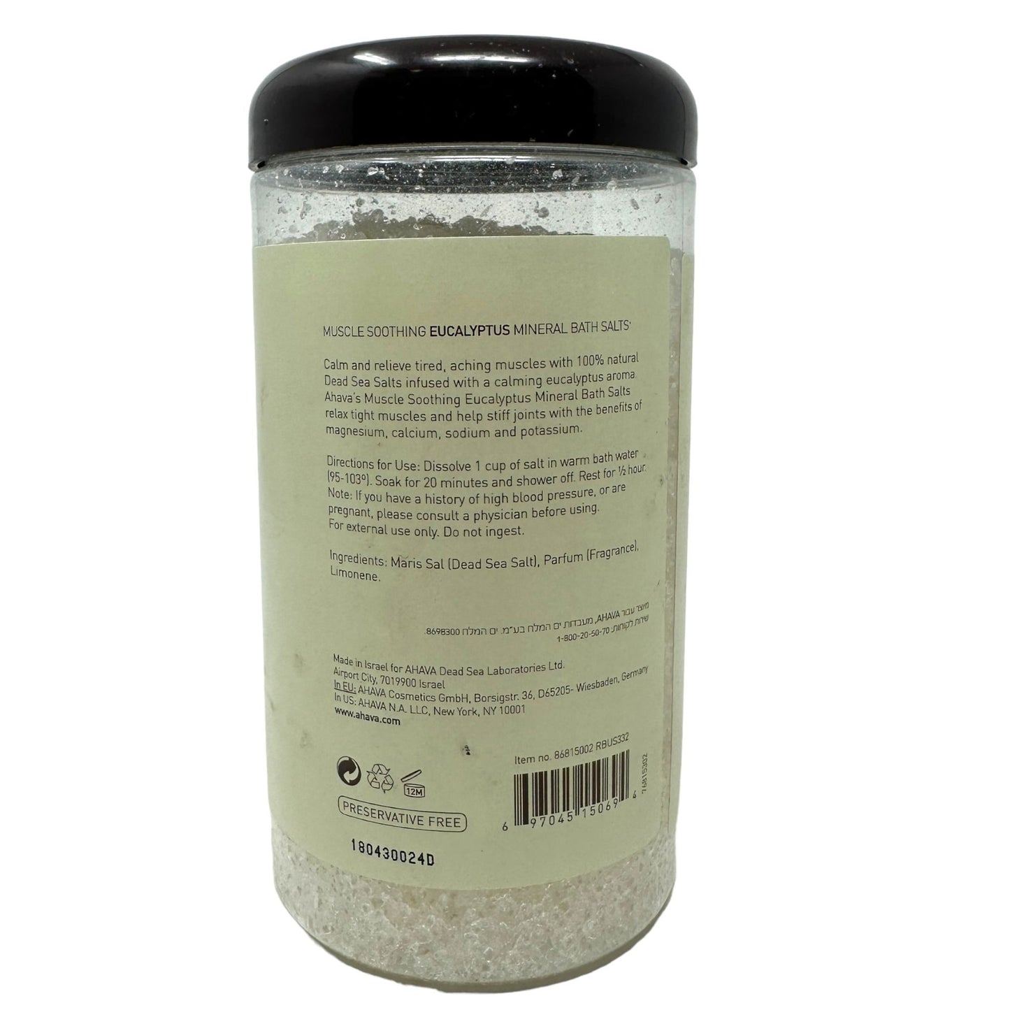 AHAVA Dead Sea Salt Mineral Bath Salt - Muscle Soothing Eucalyptus 32 Oz 907 g