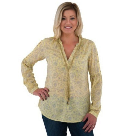 NWT Noble Outfitters XXL Yellow Paisley Western Boho Lace Tassel Peasant Blouse