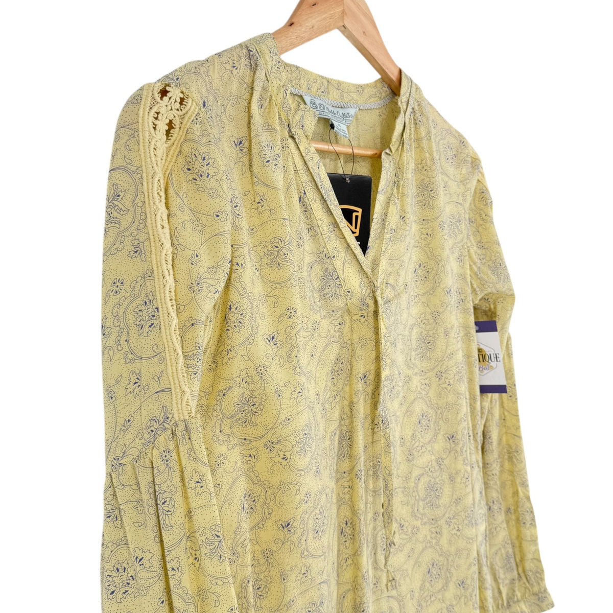 NWT Noble Outfitters XXL Yellow Paisley Western Boho Lace Tassel Peasant Blouse