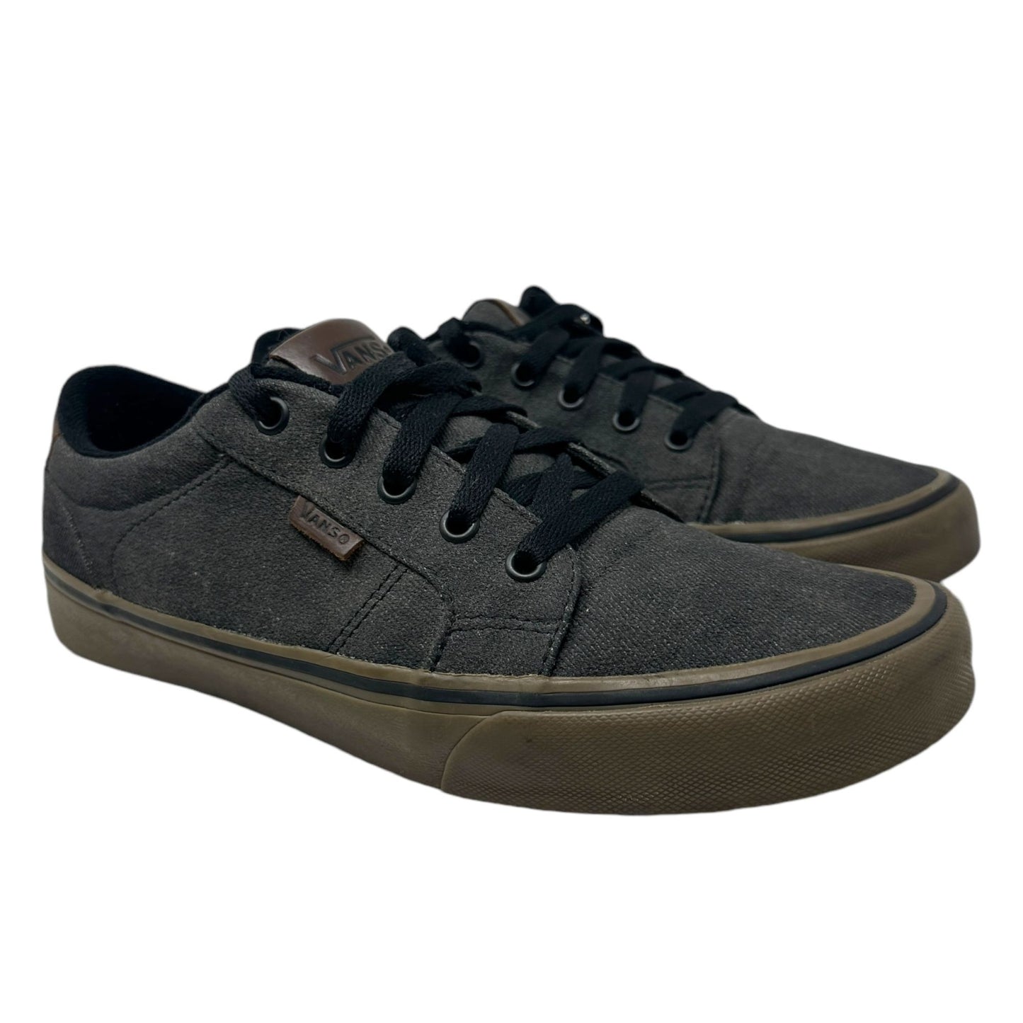 Vans Mens 8.5 Old Skool Skater Shoes LowTop Gray Canvas Brown Leather