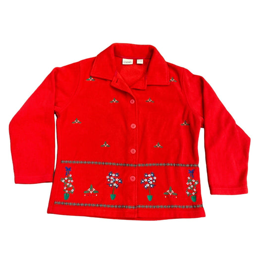 Classic Elements S Red Fleece Shirt Jacket Button Christmas Topiary Embroidered