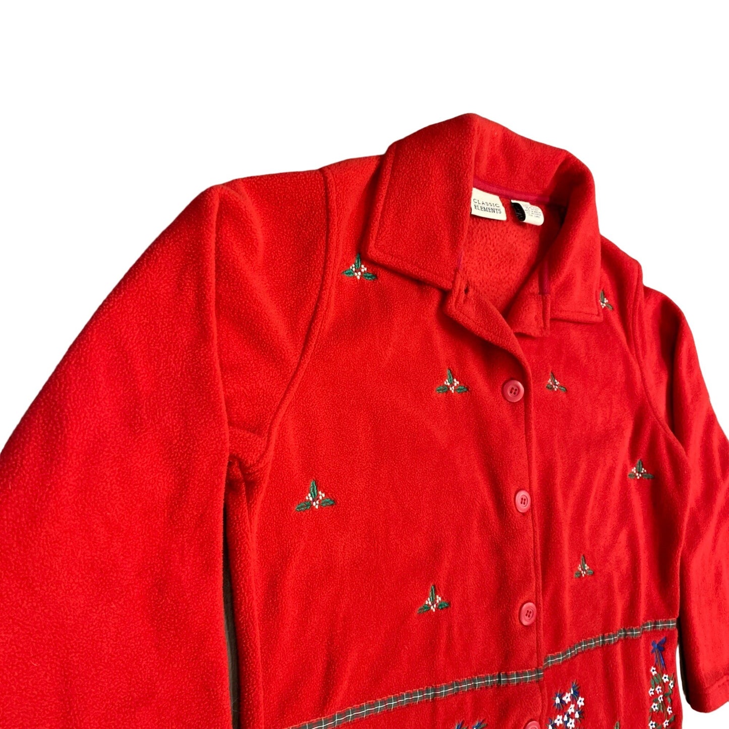 Classic Elements S Red Fleece Shirt Jacket Button Christmas Topiary Embroidered
