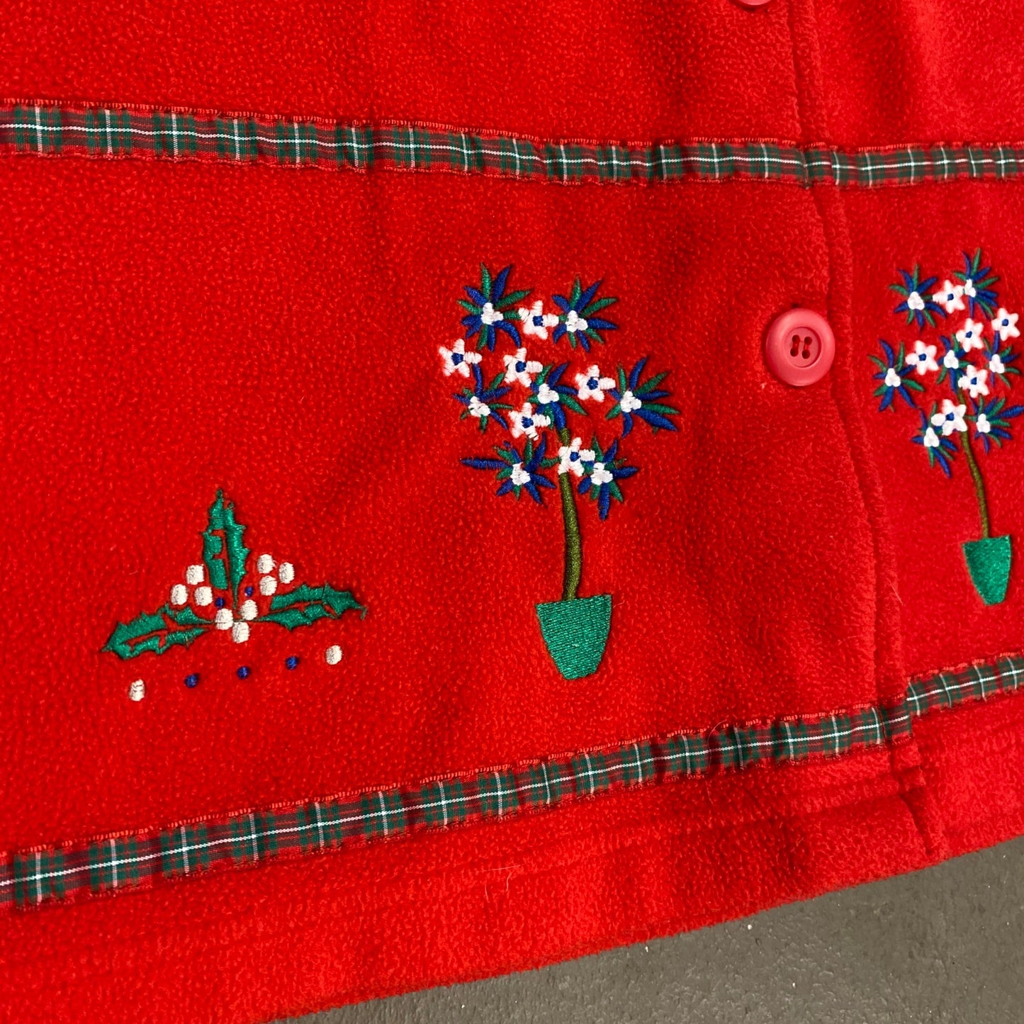 Classic Elements S Red Fleece Shirt Jacket Button Christmas Topiary Embroidered