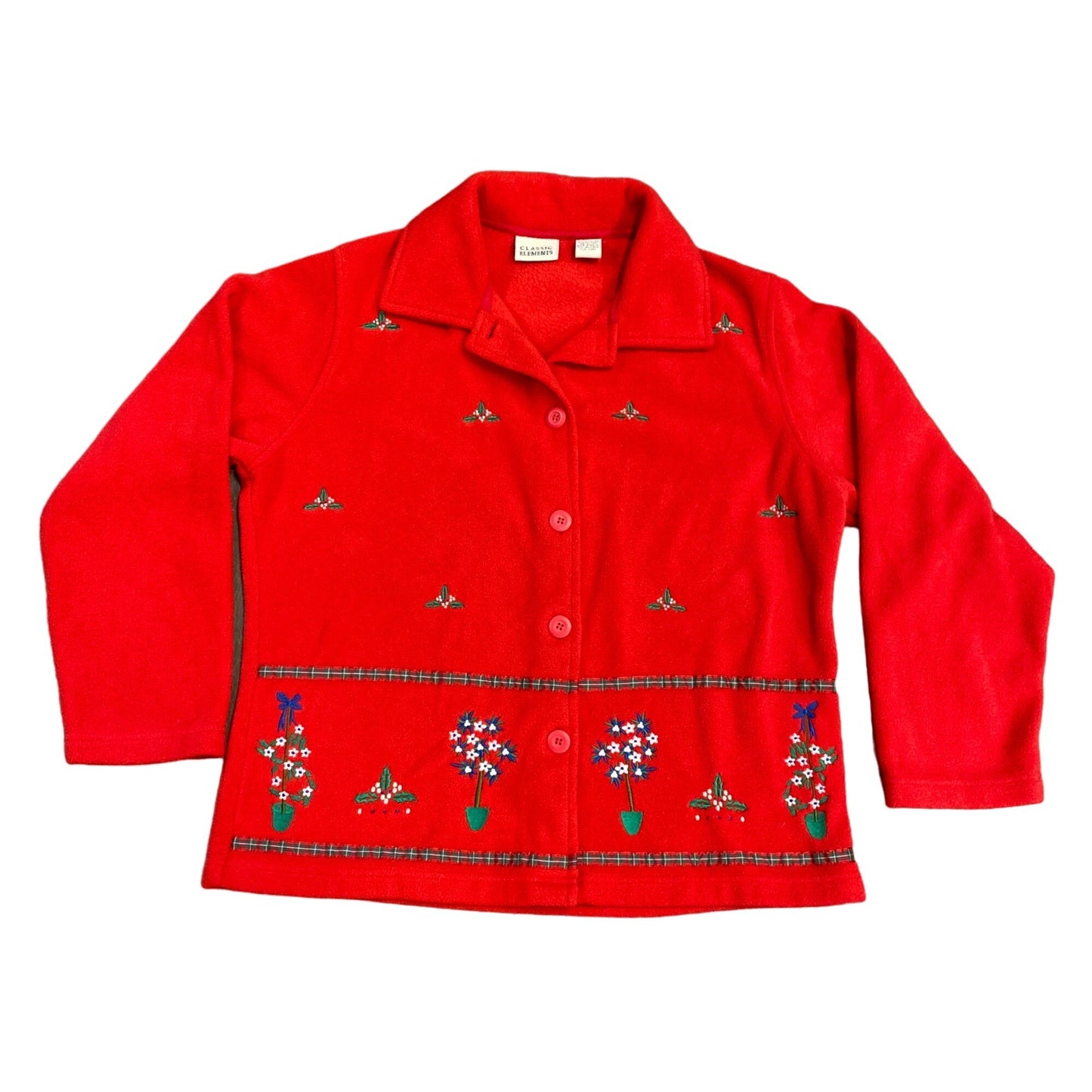 Classic Elements S Red Fleece Shirt Jacket Button Christmas Topiary Embroidered
