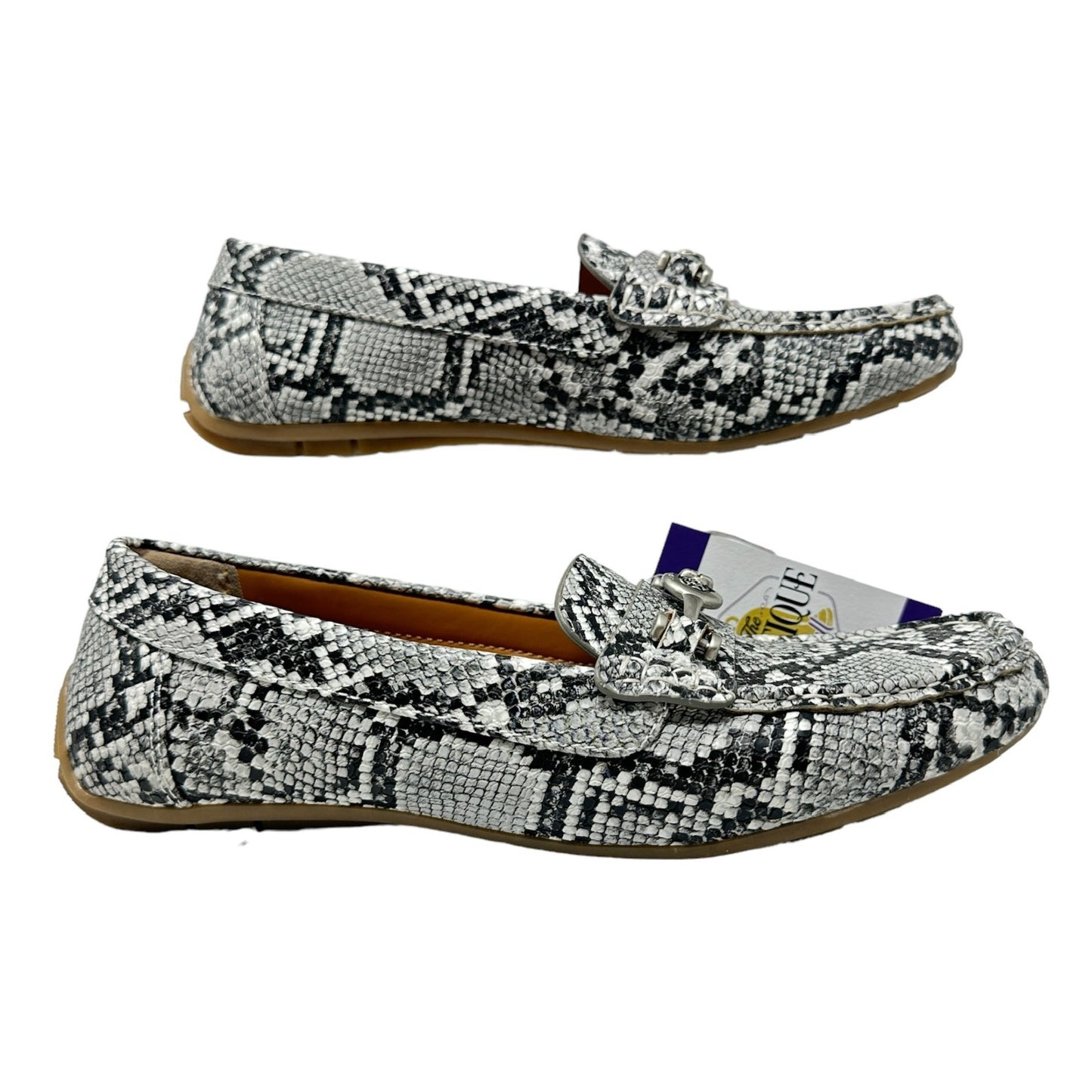 Global Win Womens 10 Faux Snake Skin Loafers Slip On Black White Buckle Accent