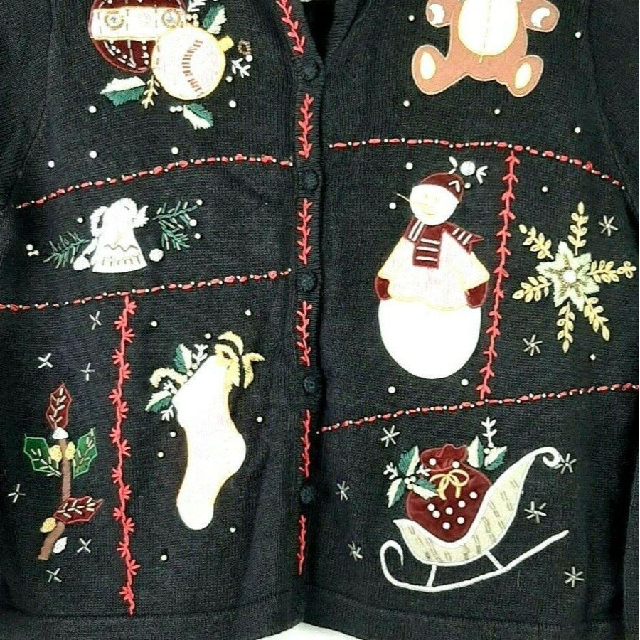 DonnKenny M Black Christmas Sweater Embroidered Cardigan Button Applique Beaded