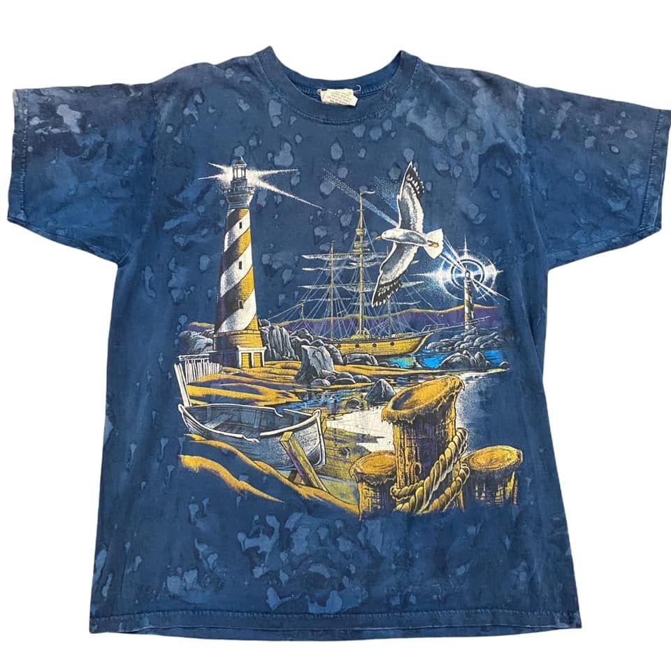 Vintage Ragtops Sportswear Tshirt Lighthouse Nautical Marbled Tie Dye USA Made M