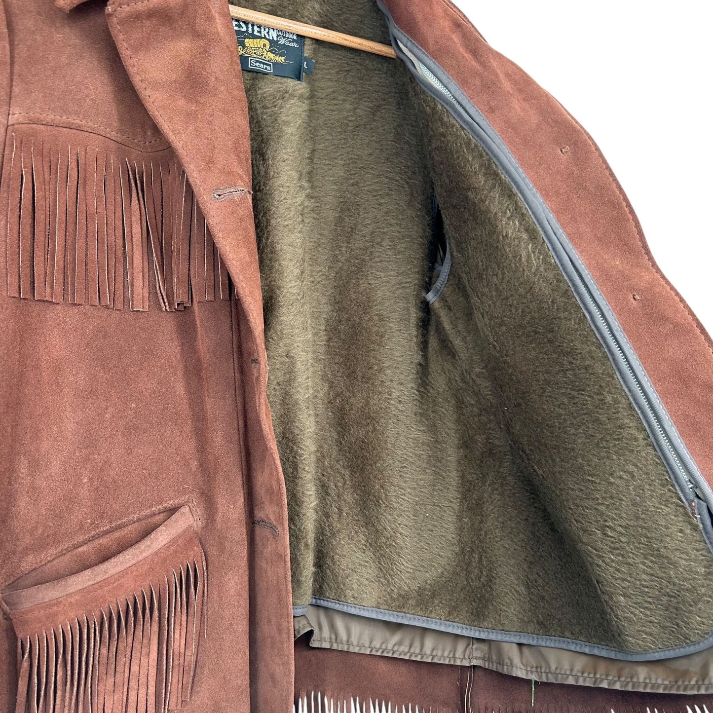 Vintage 1970s Sears Western Fringe Coat BOHO Cowboy Suede Leather Jacket Mens L