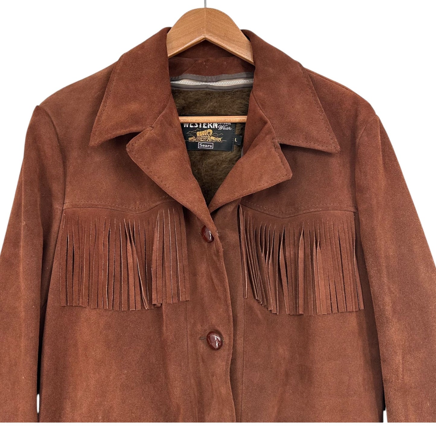 Vintage 1970s Sears Western Fringe Coat BOHO Cowboy Suede Leather Jacket Mens L