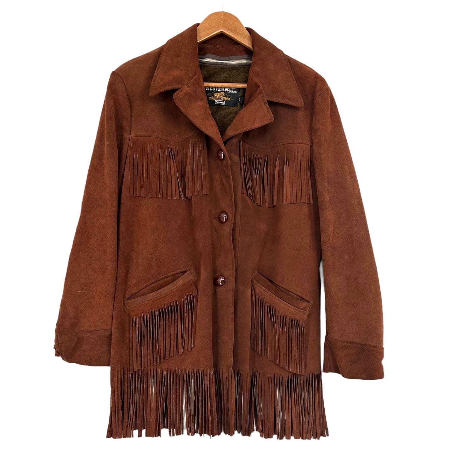 Vintage 1970s Sears Western Fringe Coat BOHO Cowboy Suede Leather Jacket Mens L