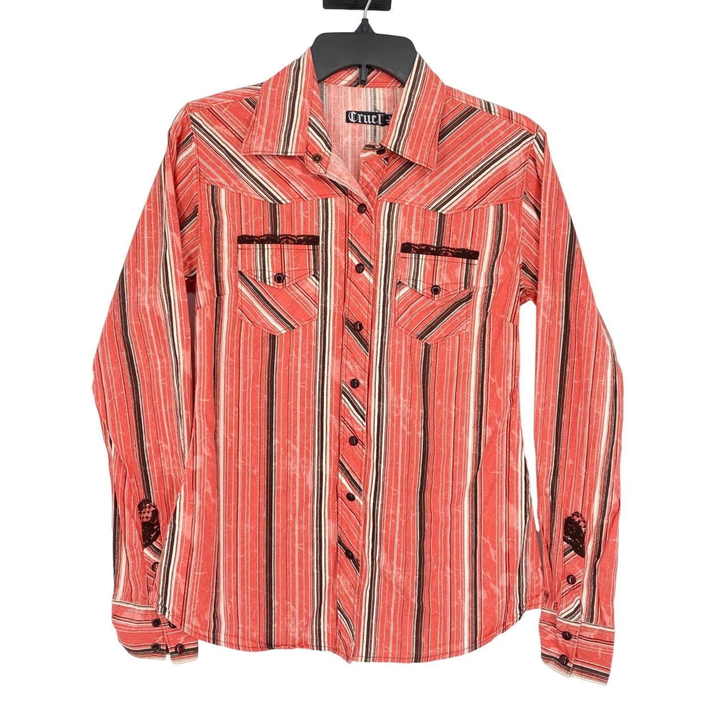 Cruel Girl S Pearl Snap Button Up Shirt Coral Black Striped Long Sleeve Lace