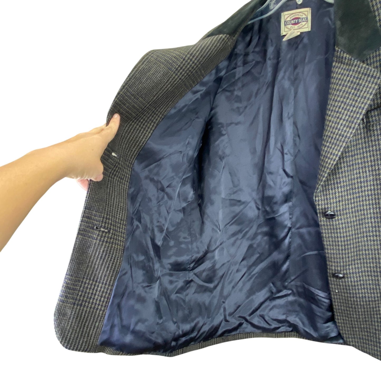 Vtg County Seat Houndstooth Plaid Wool Blazer Suede Leather Collar Mens L