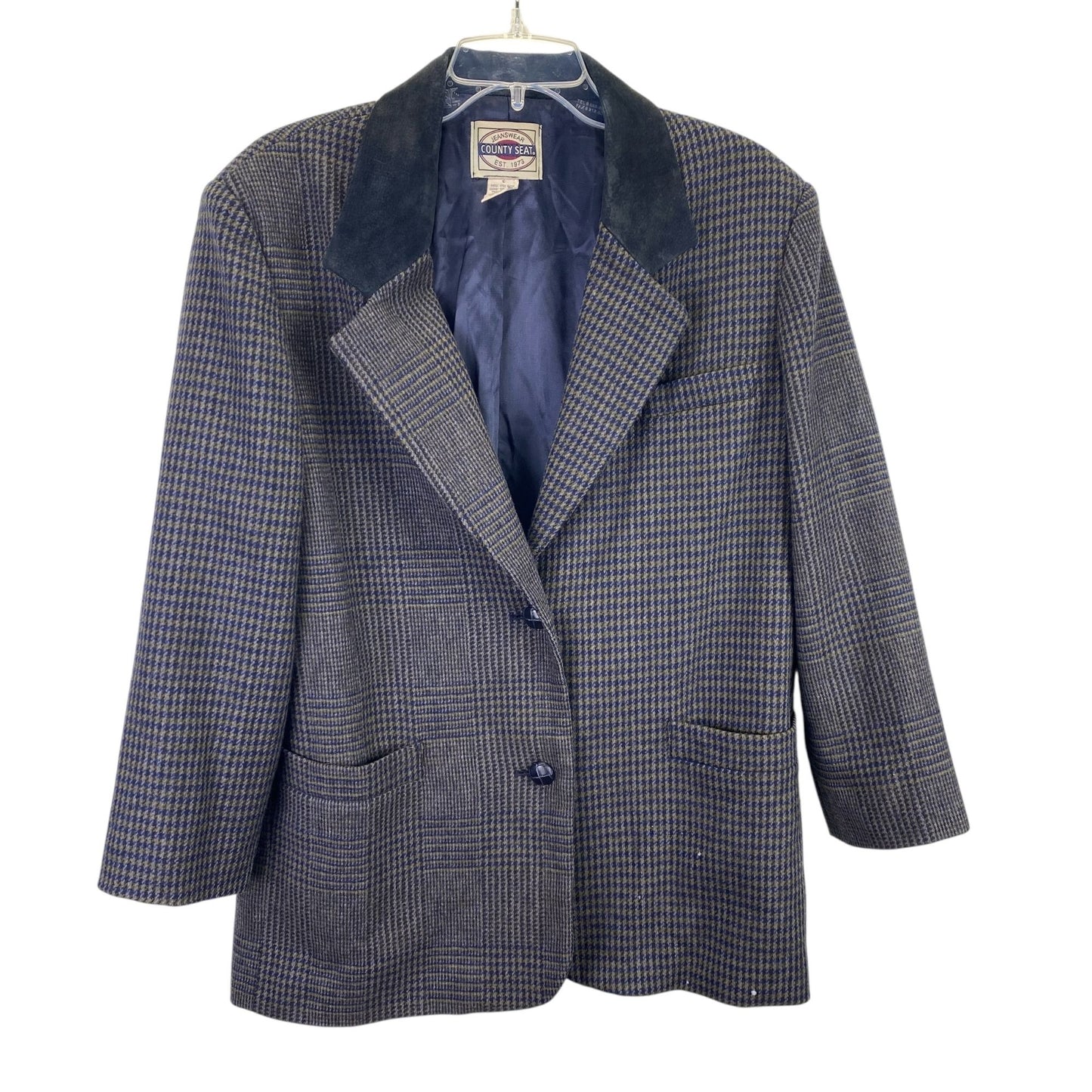 Vtg County Seat Houndstooth Plaid Wool Blazer Suede Leather Collar Mens L