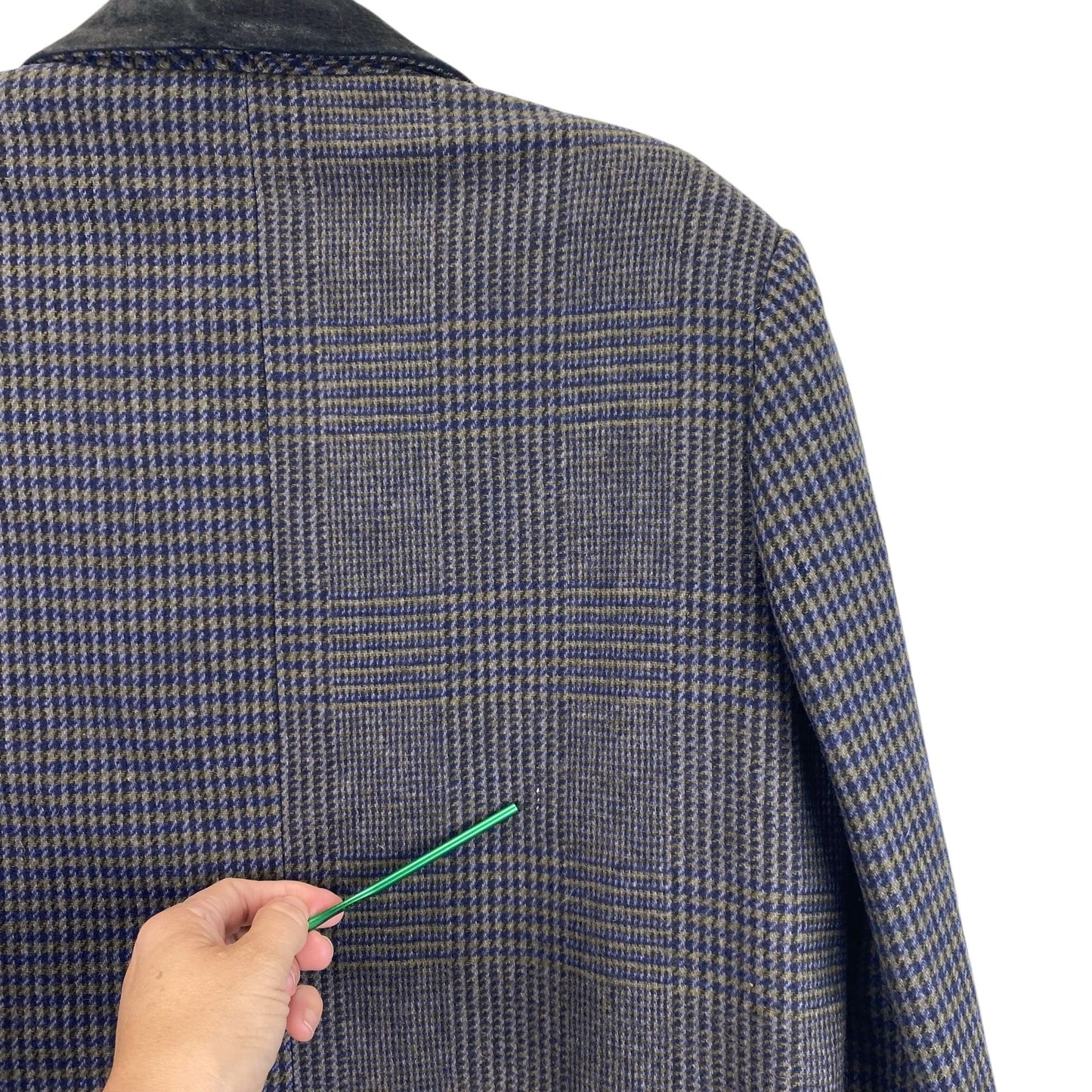 Vtg County Seat Houndstooth Plaid Wool Blazer Suede Leather Collar Mens L