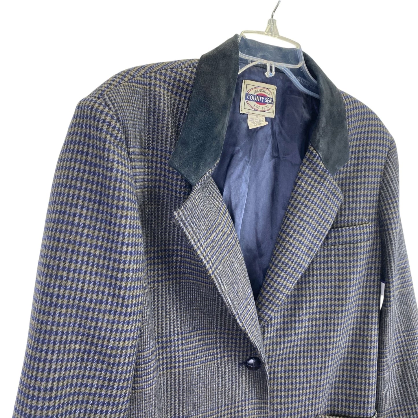 Vtg County Seat Houndstooth Plaid Wool Blazer Suede Leather Collar Mens L