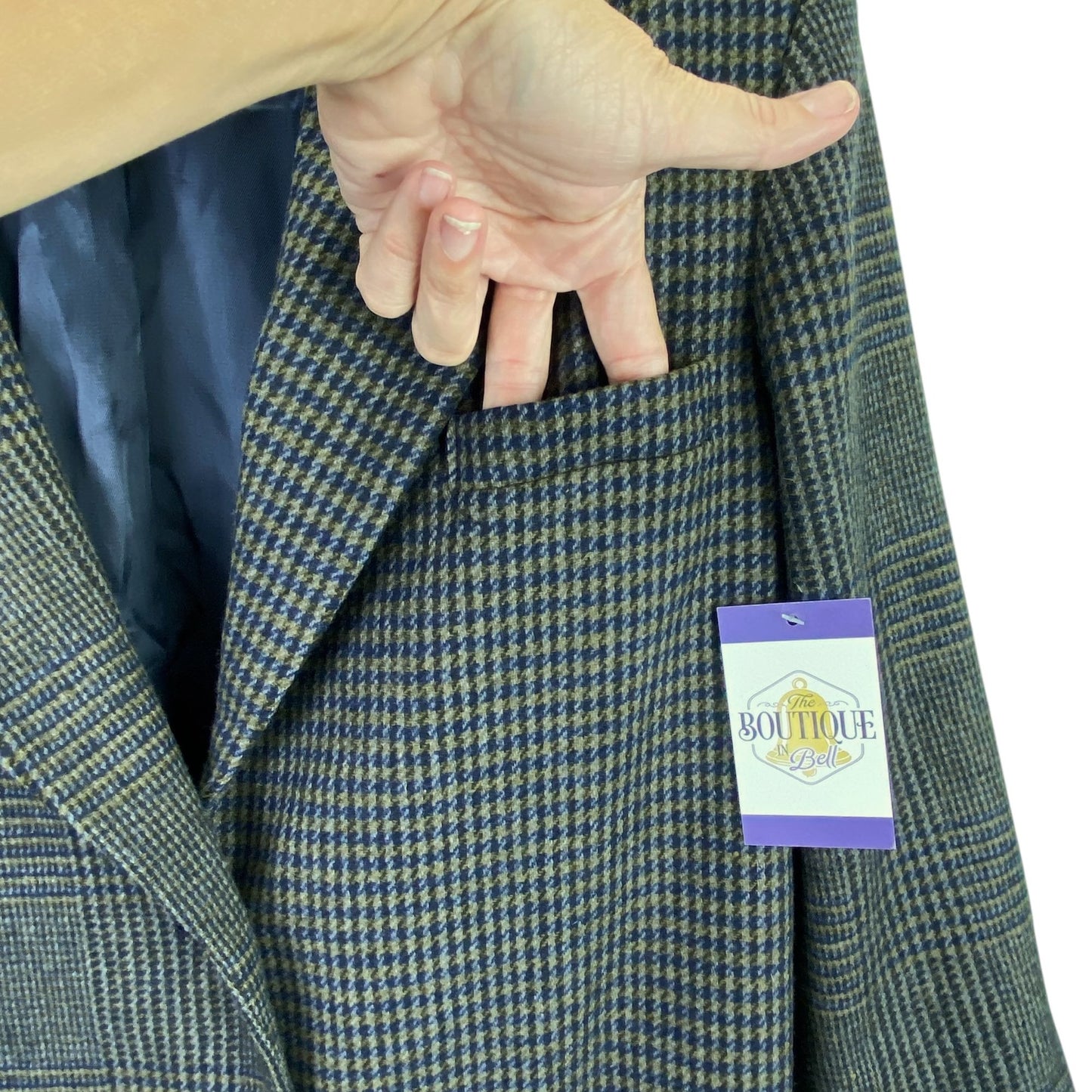 Vtg County Seat Houndstooth Plaid Wool Blazer Suede Leather Collar Mens L