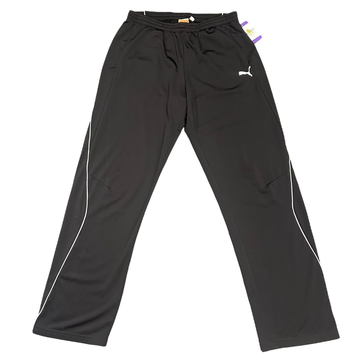 Puma Mens L Black Training Pants White Piping Elastic Waist Pockets Athleisure