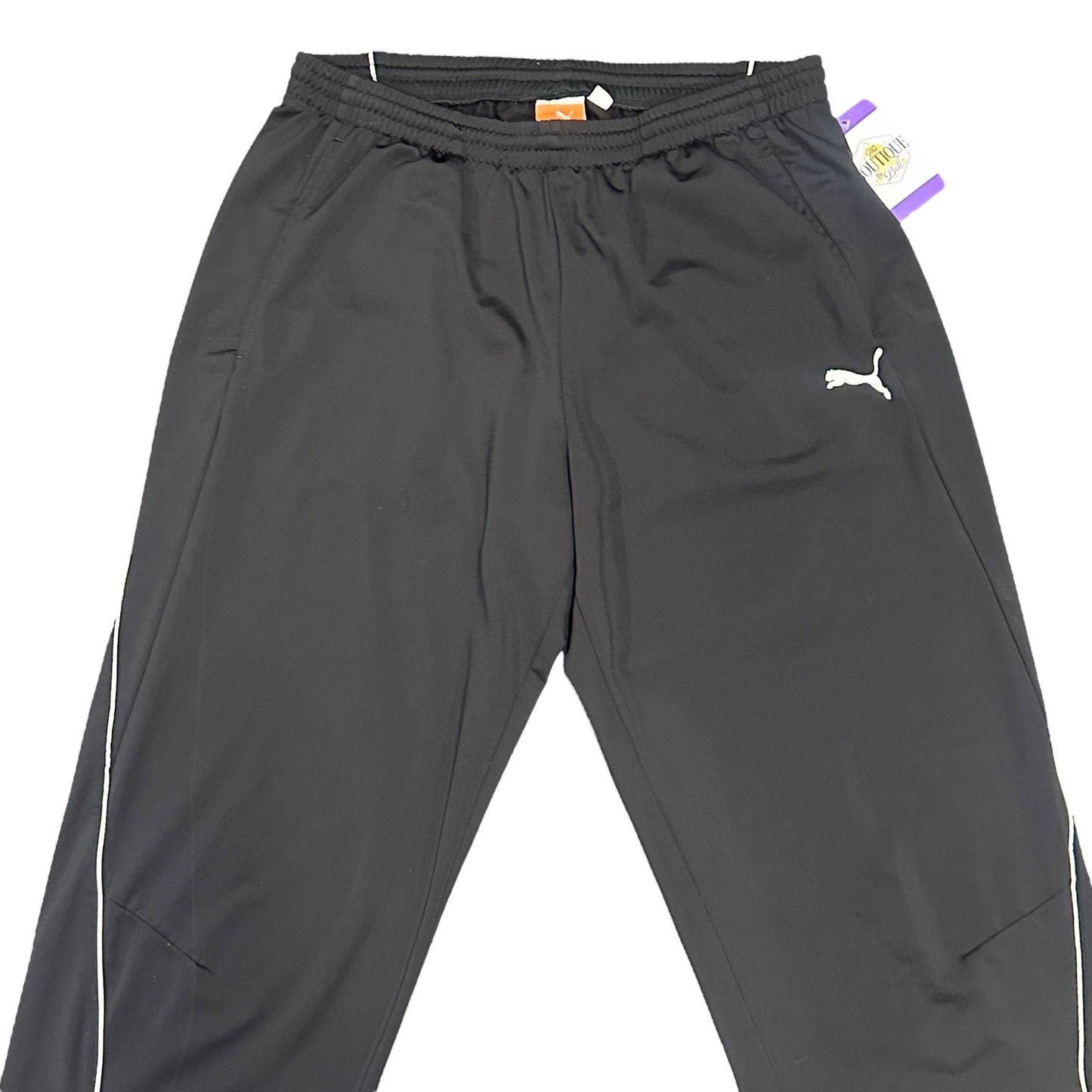Puma Mens L Black Training Pants White Piping Elastic Waist Pockets Athleisure