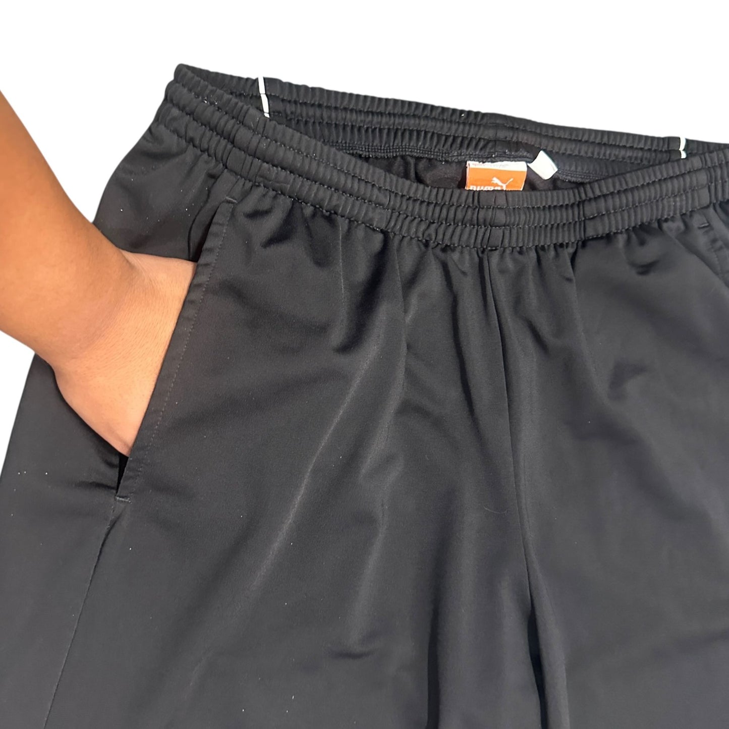 Puma Mens L Black Training Pants White Piping Elastic Waist Pockets Athleisure
