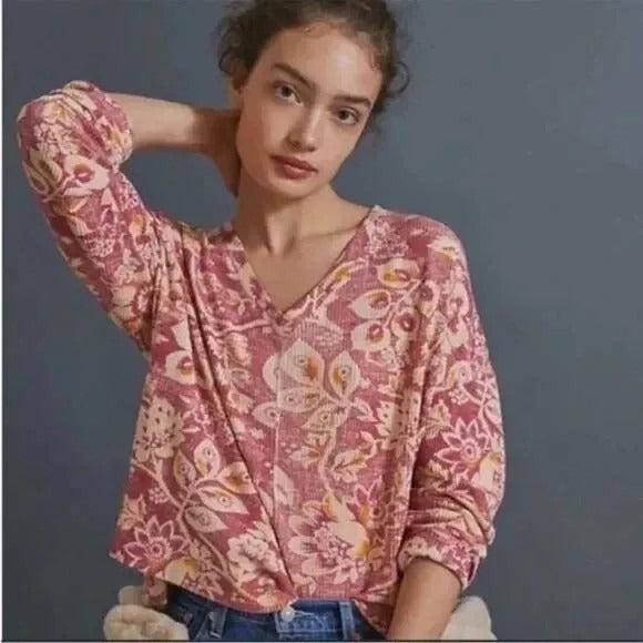 Pilcro Anthropologie XL Moira Top Boho Floral Boxy Thermal Waffle Knit Vneck