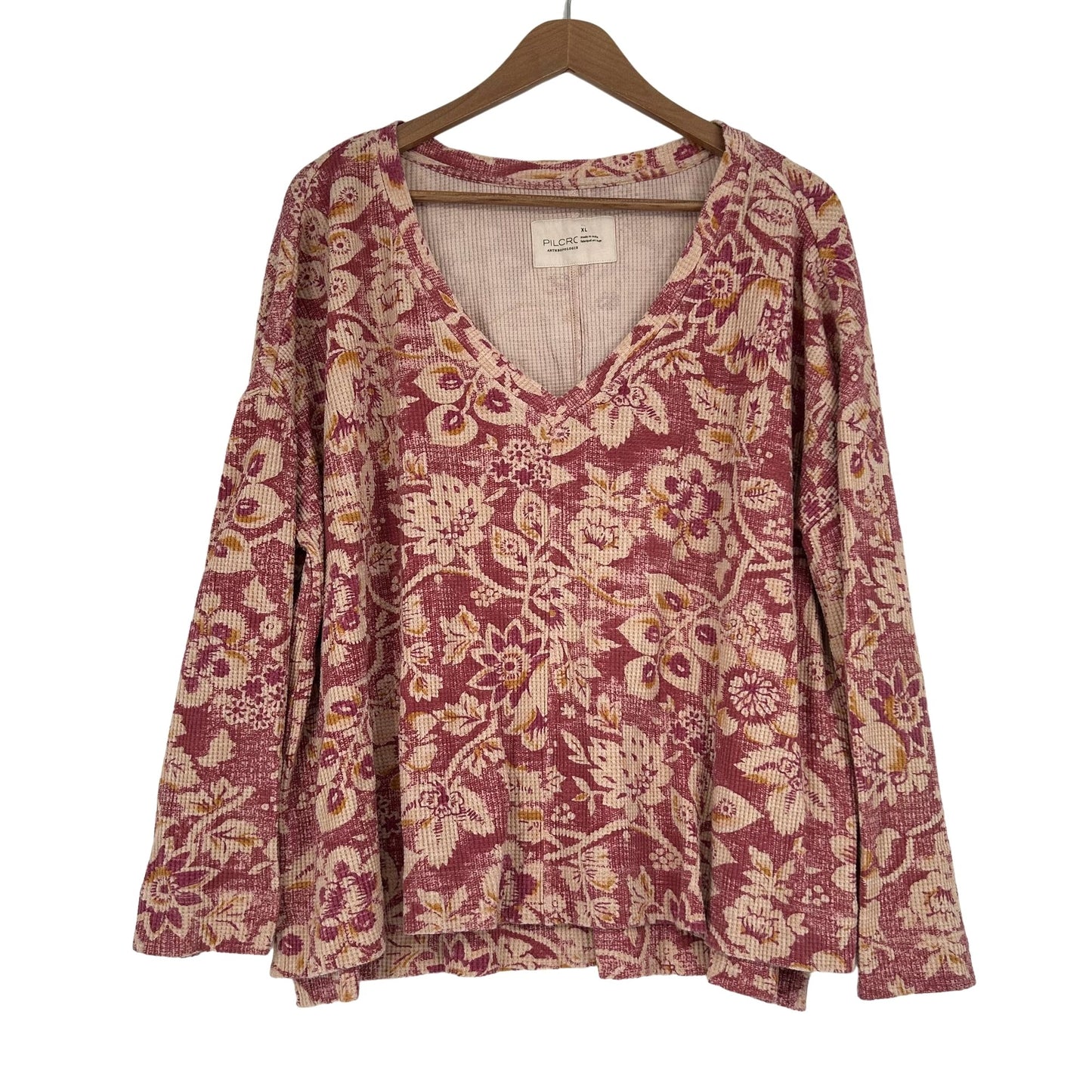 Pilcro Anthropologie XL Moira Top Boho Floral Boxy Thermal Waffle Knit Vneck