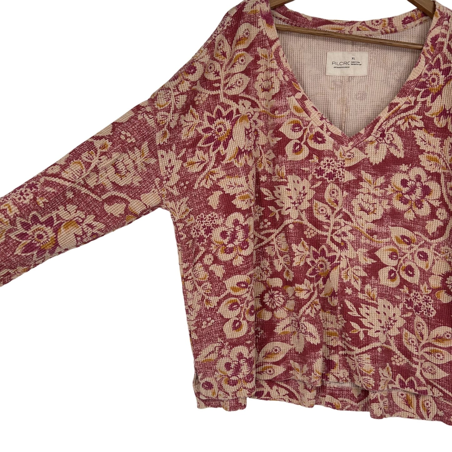 Pilcro Anthropologie XL Moira Top Boho Floral Boxy Thermal Waffle Knit Vneck