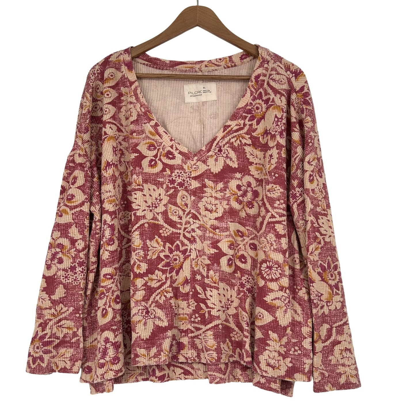 Pilcro Anthropologie XL Moira Top Boho Floral Boxy Thermal Waffle Knit Vneck