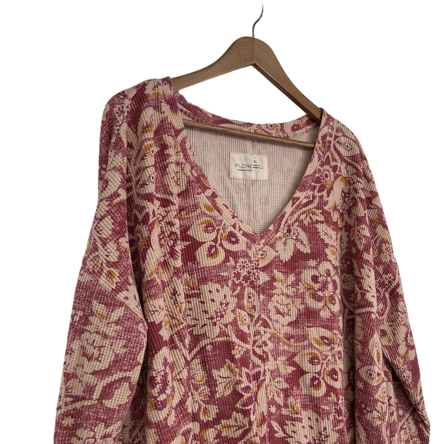 Pilcro Anthropologie XL Moira Top Boho Floral Boxy Thermal Waffle Knit Vneck