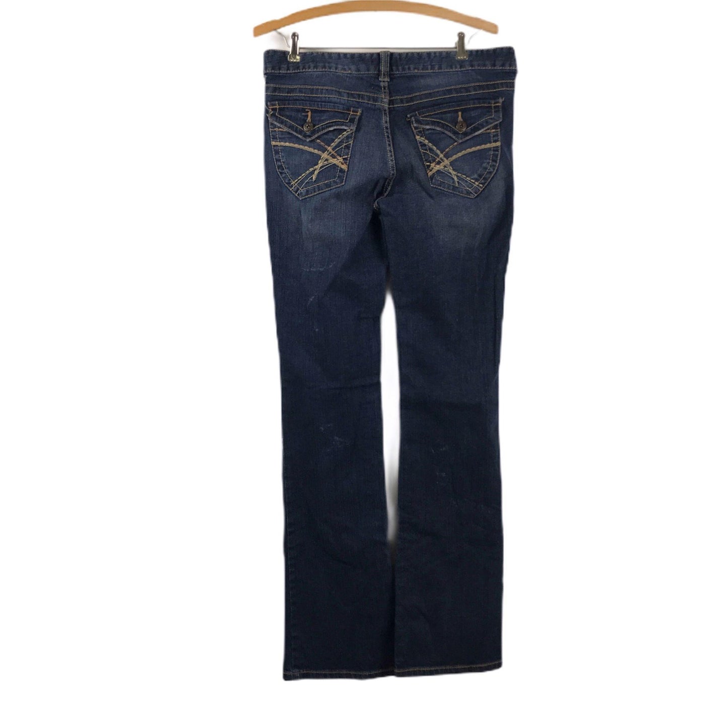 Blue Asphalt Womens 7 Long Boot Cut Blue Denim Jeans Dark Wash Flap Pockets