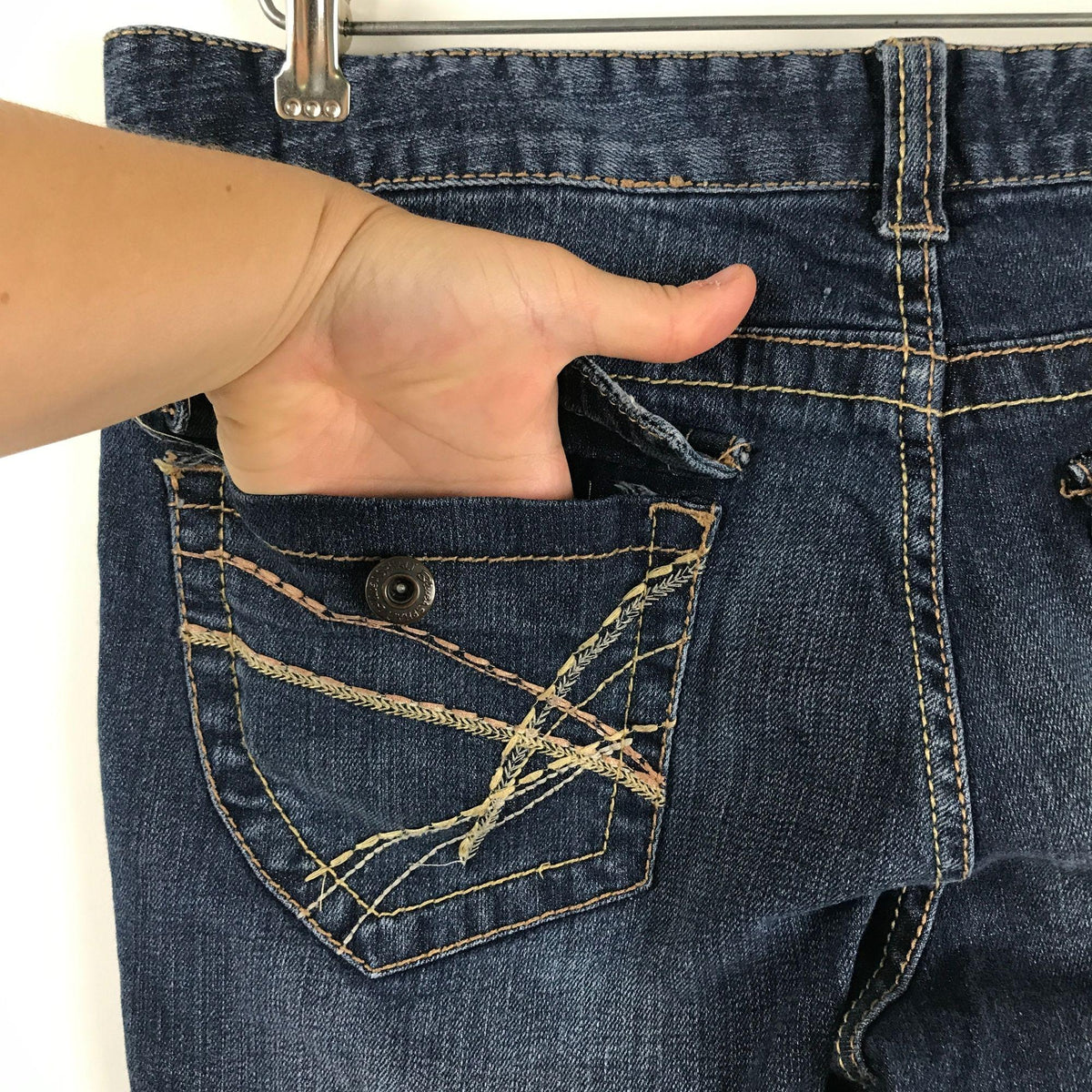 Blue Asphalt Womens 7 Long Boot Cut Blue Denim Jeans Dark Wash Flap Pockets