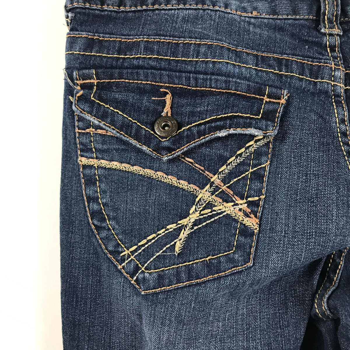Blue Asphalt Womens 7 Long Boot Cut Blue Denim Jeans Dark Wash Flap Pockets