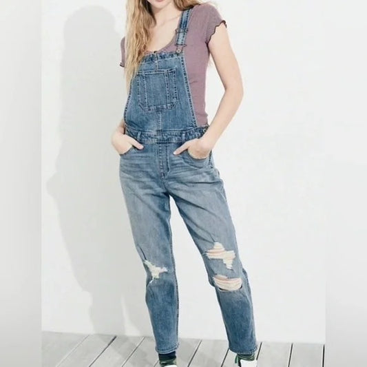 Hollister Womens S High-Rise Crop Boyfriend Overalls Distressed Stretch