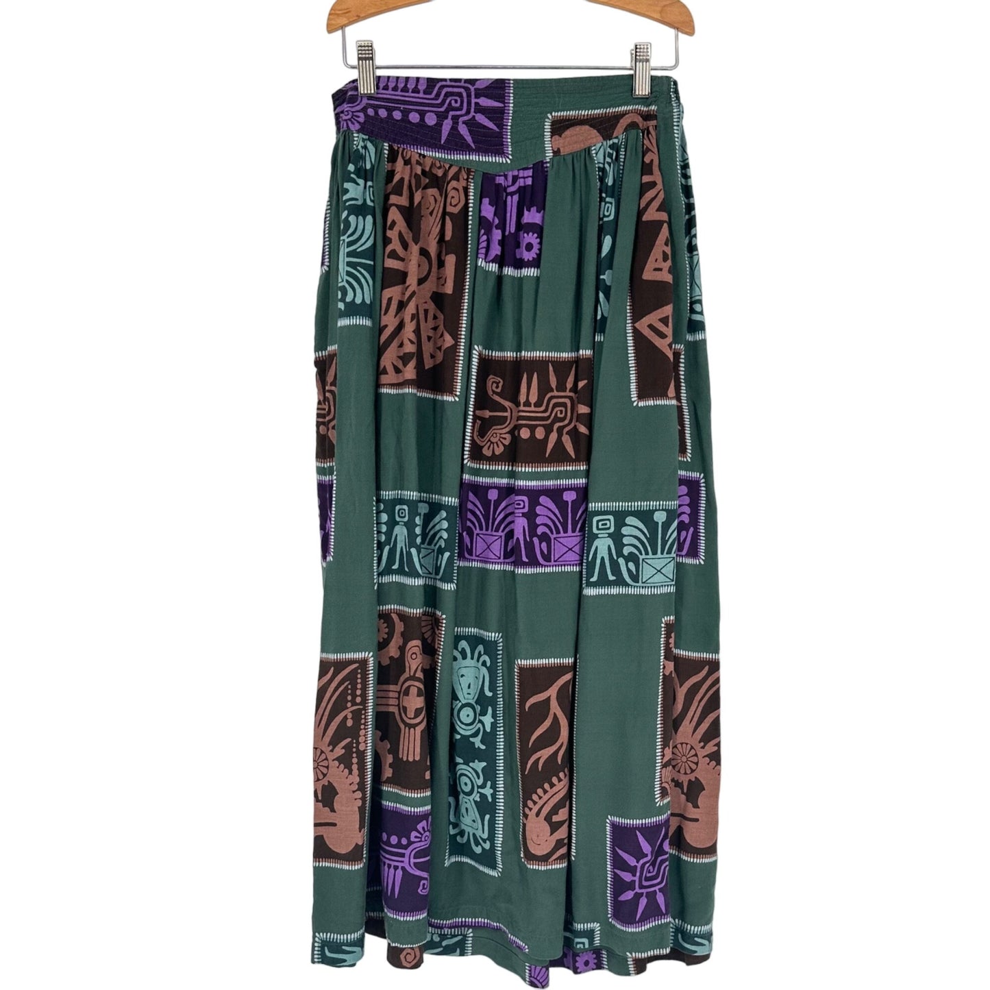 Vintage Full Length Skirt Passports L Elastic Waist Tribal Print Office Modest