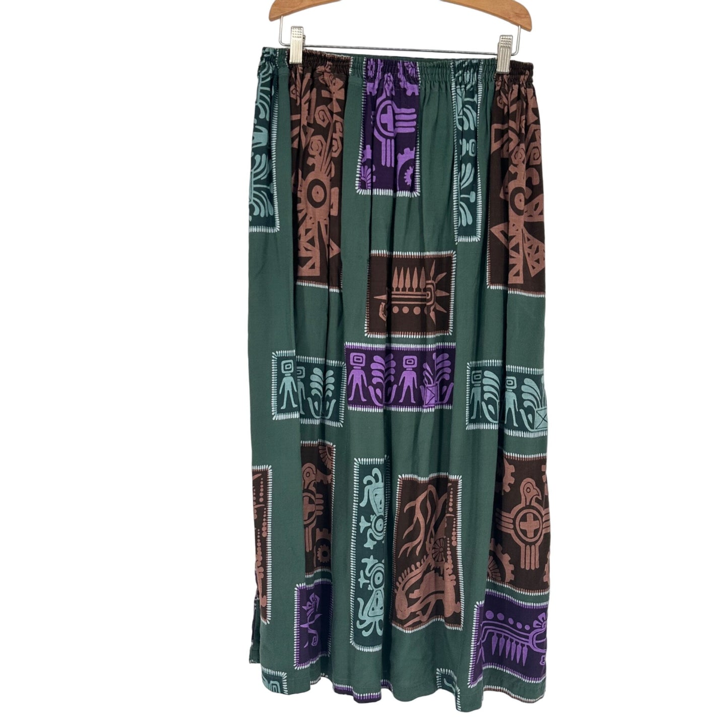 Vintage Full Length Skirt Passports L Elastic Waist Tribal Print Office Modest